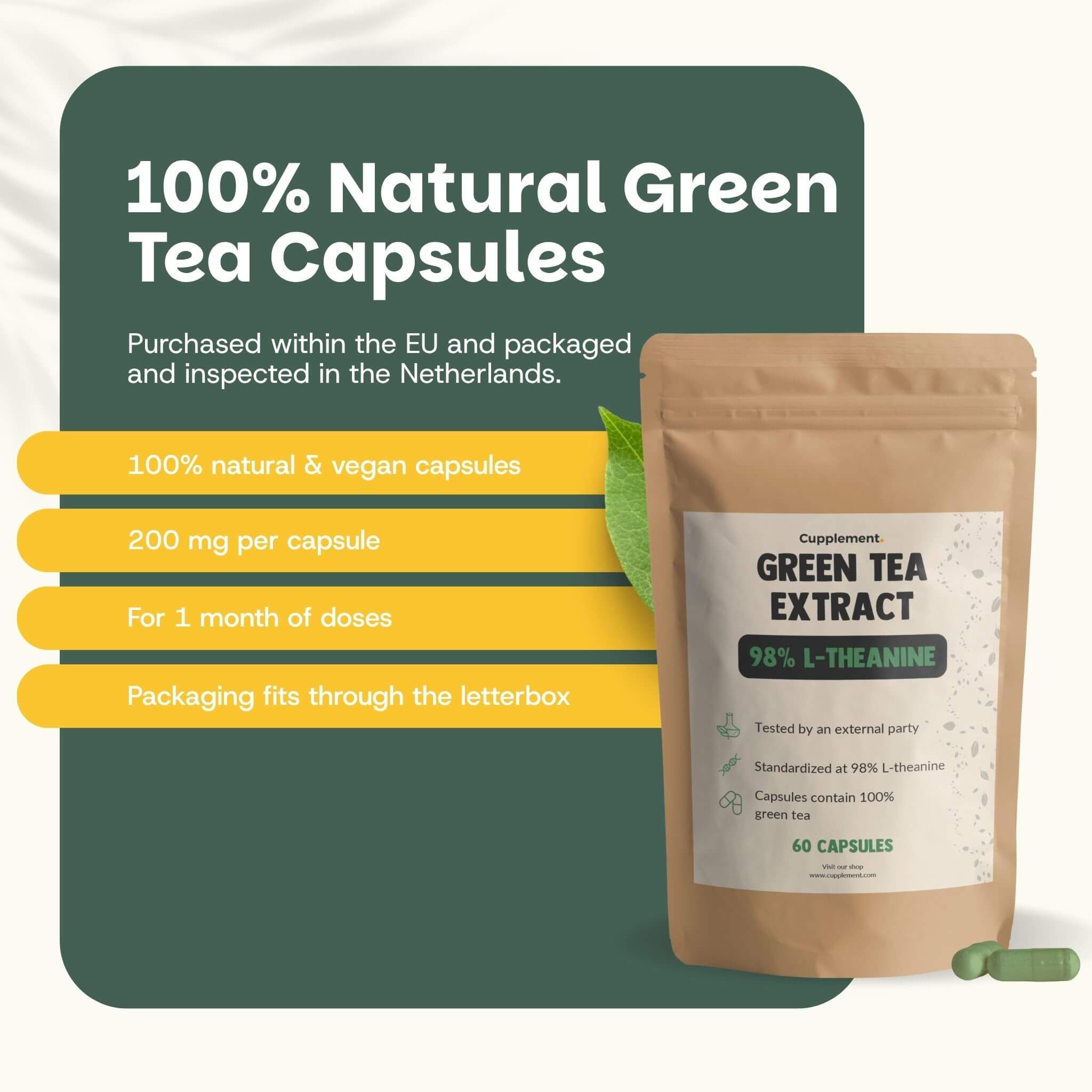 Sachet marron avec gélules vertes. Texte: Gélules de thé vert 100% naturelles. 200 mg par gélule. 60 gélules.