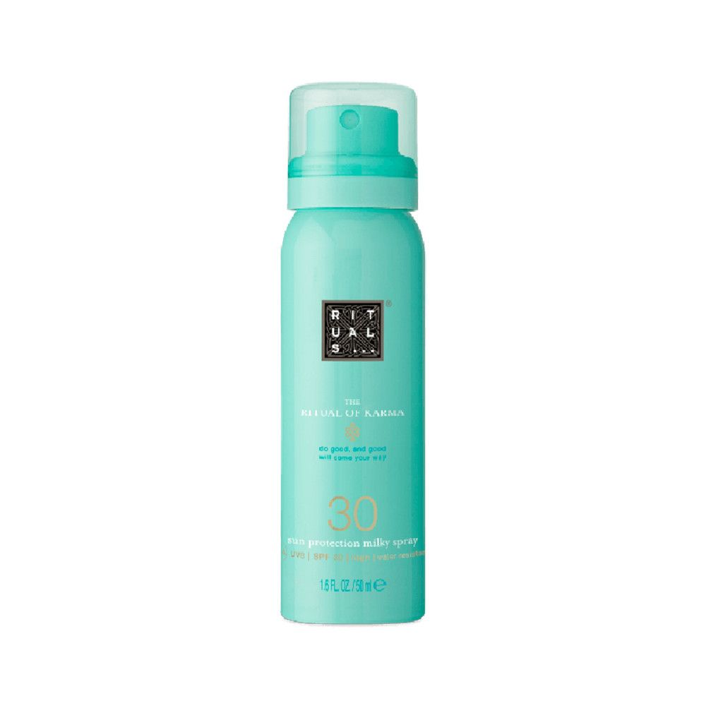 Spray turquoise. Inscription: Rituals, The Ritual of Karma, 30, spray de lait solaire.
