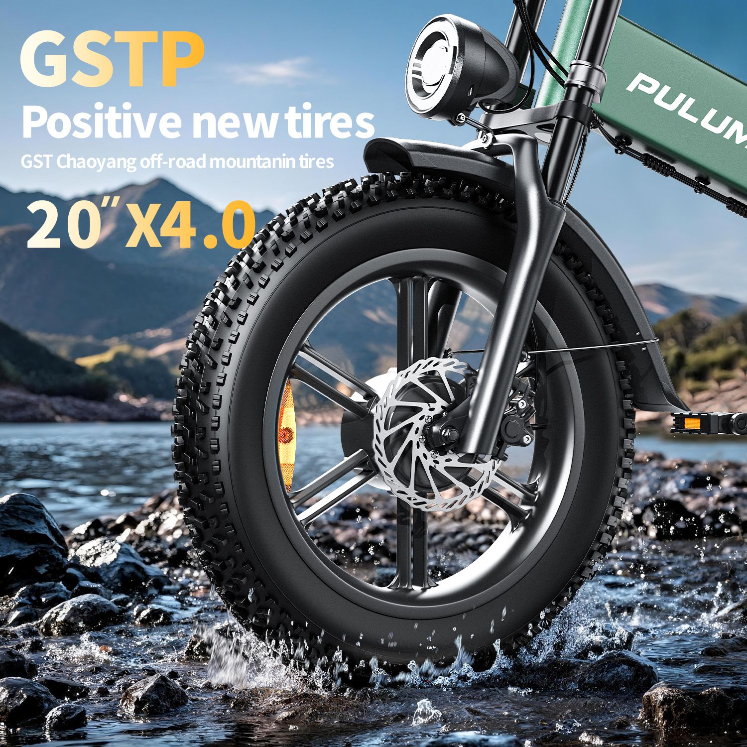 Roue avant d'un vélo électrique avec texte : "GSTP Positive new tires 20" X4.0".