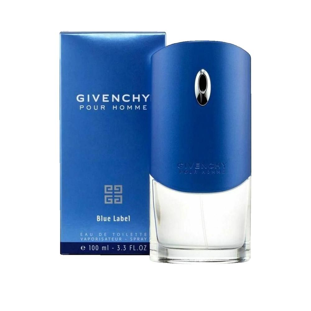 Flacon de parfum bleu et boîte. Inscription : GIVENCHY POUR HOMME, Blue Label. Flacon avec vaporisateur argenté.