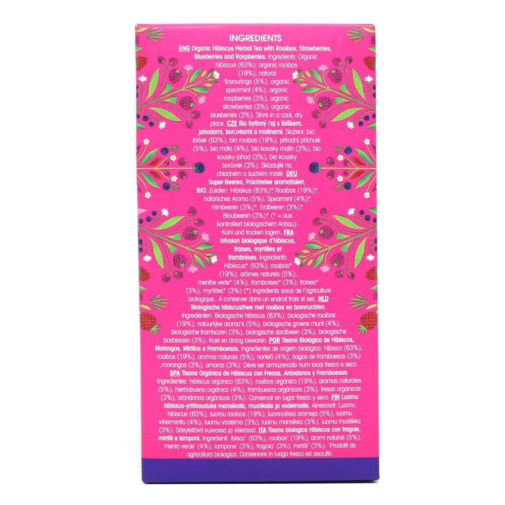 Achterkant roze verpakking "English Tea Shop Organic". Ingrediëntenlijst in meerdere talen. Bio-label.