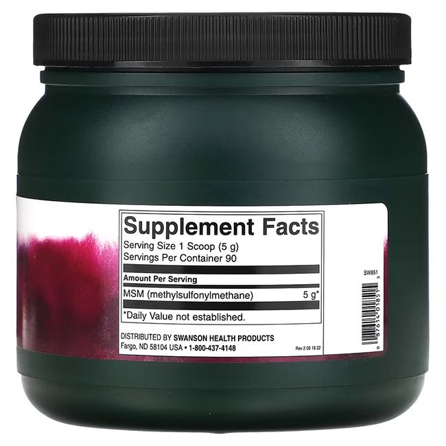 Récipient vert avec couvercle noir. Étiquette avec informations nutritionnelles: MSM (méthylsulfonylméthane) 5 g.