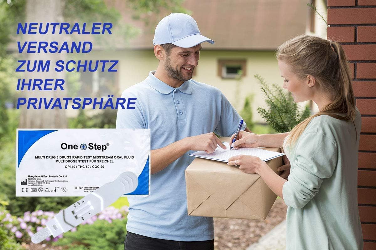 Pakketbezorging. Verpakking met productnaam en drugstest. Tekst: Neutrale verzending ter bescherming van uw privacy.