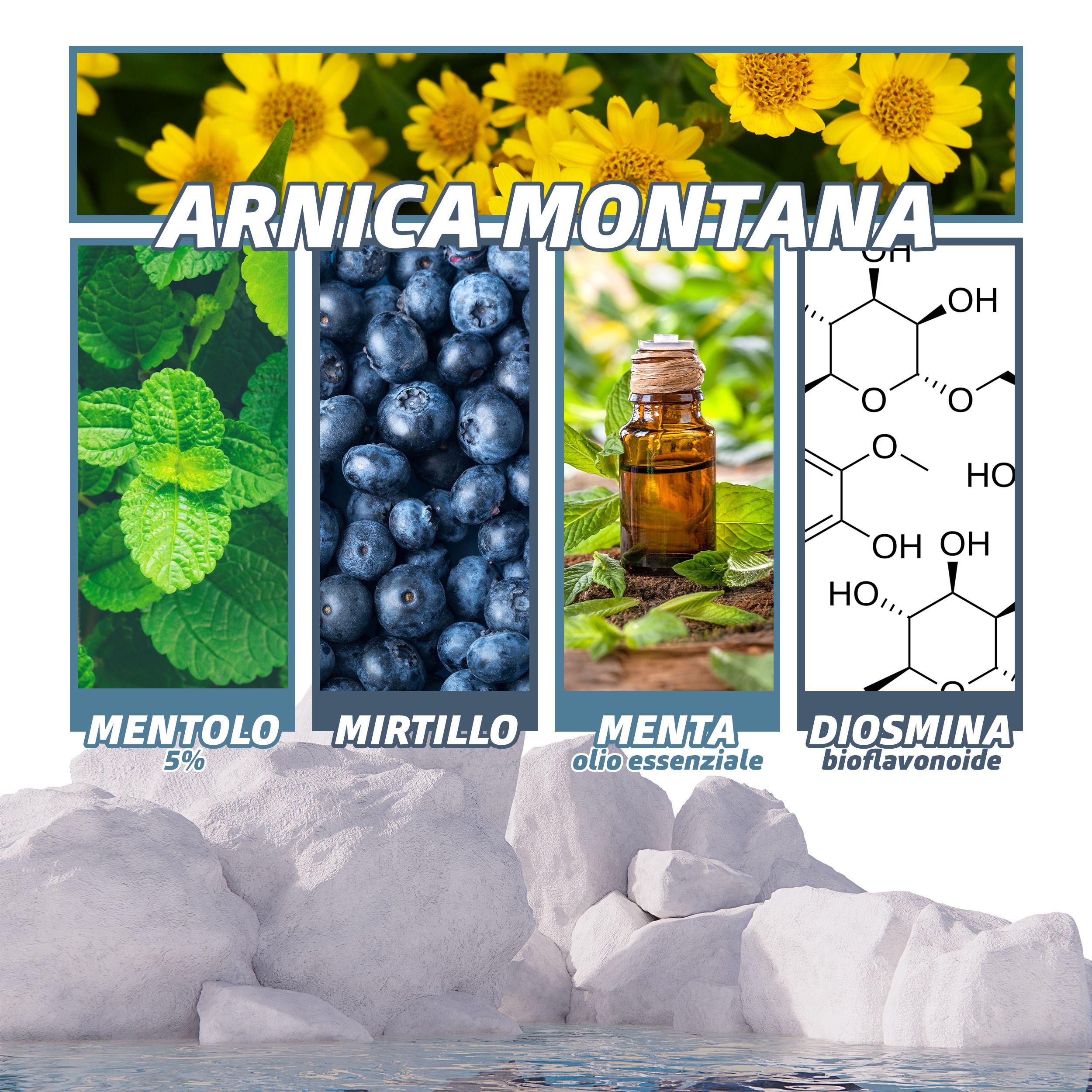 Arnica-Montana bloemen, bladeren, bosbessen, fles, molecuul. Teksten: MENTOLO 5%, MIRTILLO, MENTA olio essenziale, DIOSMINA bioflavonoide.