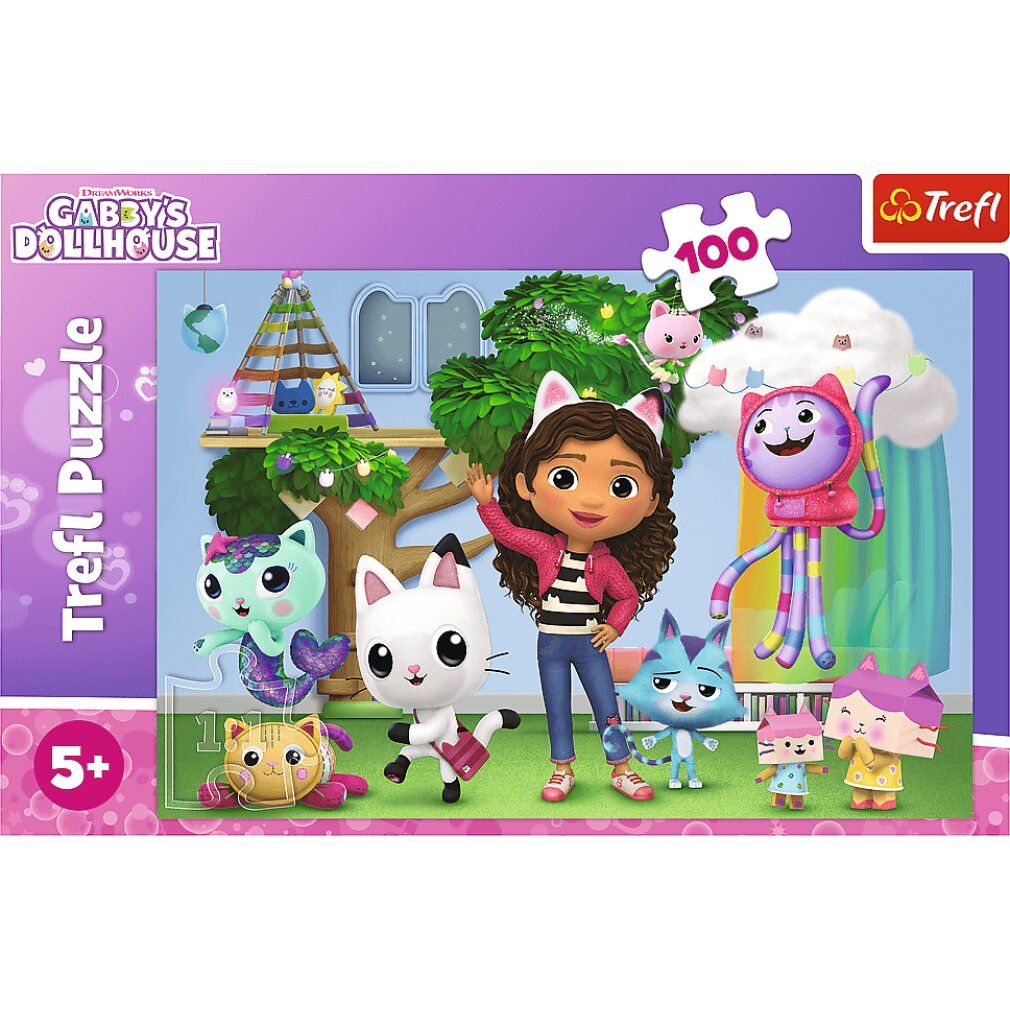 Puzzeldoos Gabby's Magic House. 100 stukjes, 5+. Merk Trefl. Afbeelding met Gabby en kattenfiguren.