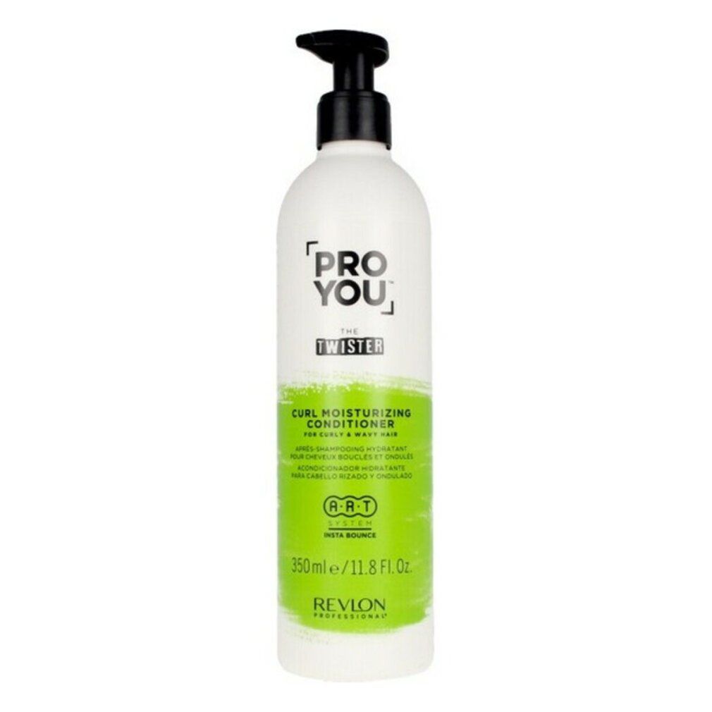 Flacon blanc avec pompe noire. Inscription : Pro You The Twister. Impression verte et blanche. 350ml/11.8 Fl. Oz. Revlon Professional.
