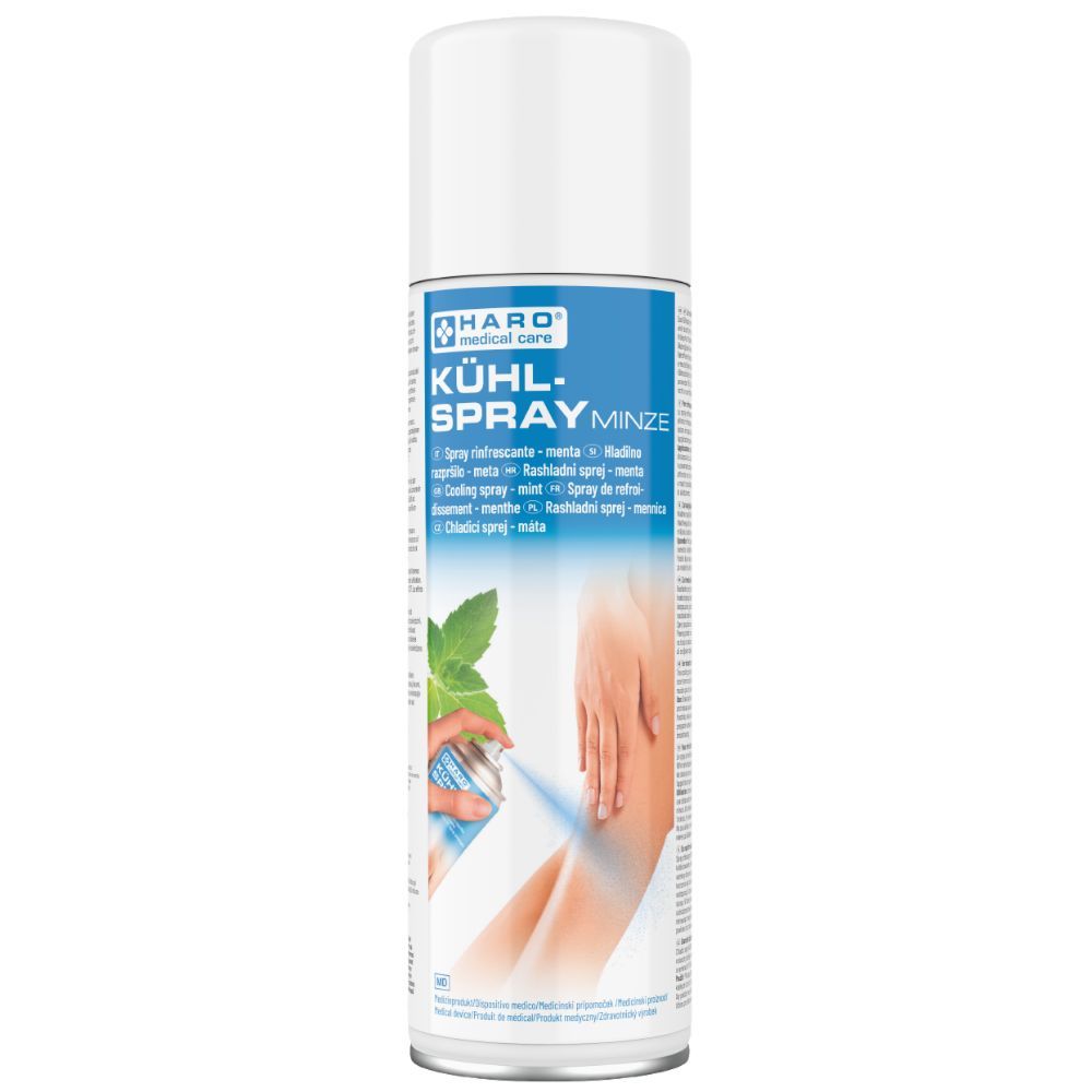 Spuitbus met witte dop. Opschrift: KÜHL-SPRAY MINZE. Afbeelding van een hand die op een been spuit.