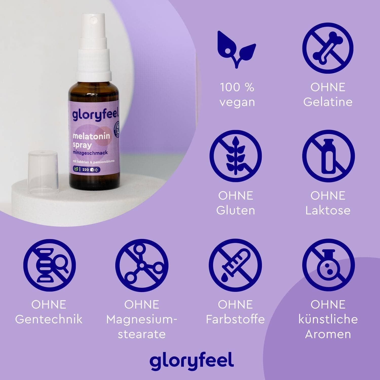 Afbeelding met symbolen: veganistisch, glutenvrij, lactosevrij, zonder genetische manipulatie, zonder kleurstoffen, zonder aroma's.