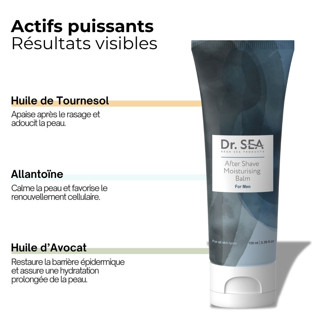 Tube de baume après-rasage. Texte : Huile de tournesol, allantoïne, huile d'avocat. Résultats visibles.