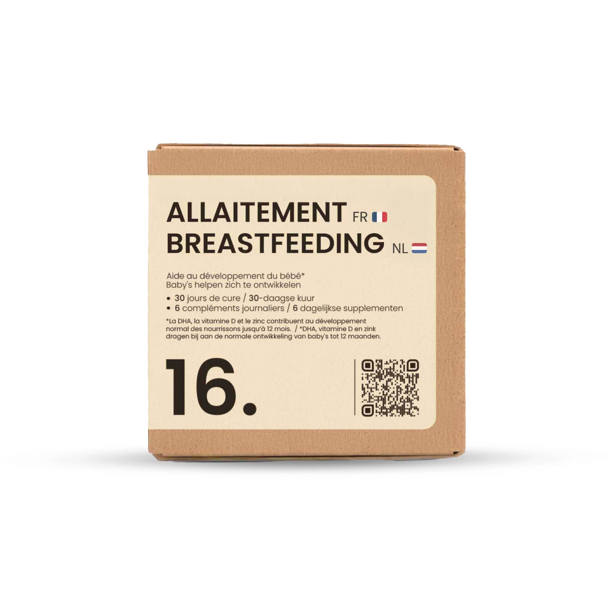 Kartonnen doos met tekst ALLAITEMENT BREASTFEEDING. Tekst in het Frans en Nederlands. Gedrukt nummer 16.