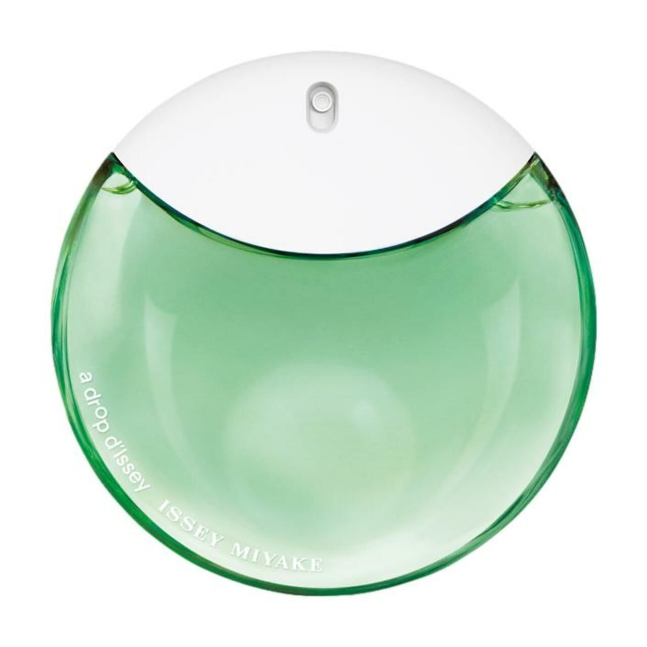 Ronde flacon met groene vloeistof en witte dop. Opschrift: a drop d'Issey, ISSEY MIYAKE.