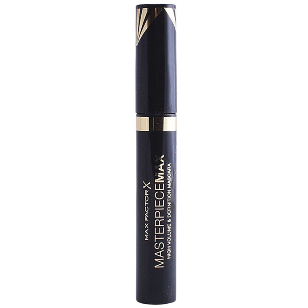 Tube de mascara noir avec détails dorés et texte. Nom du produit: MASTERPIECEMAX.