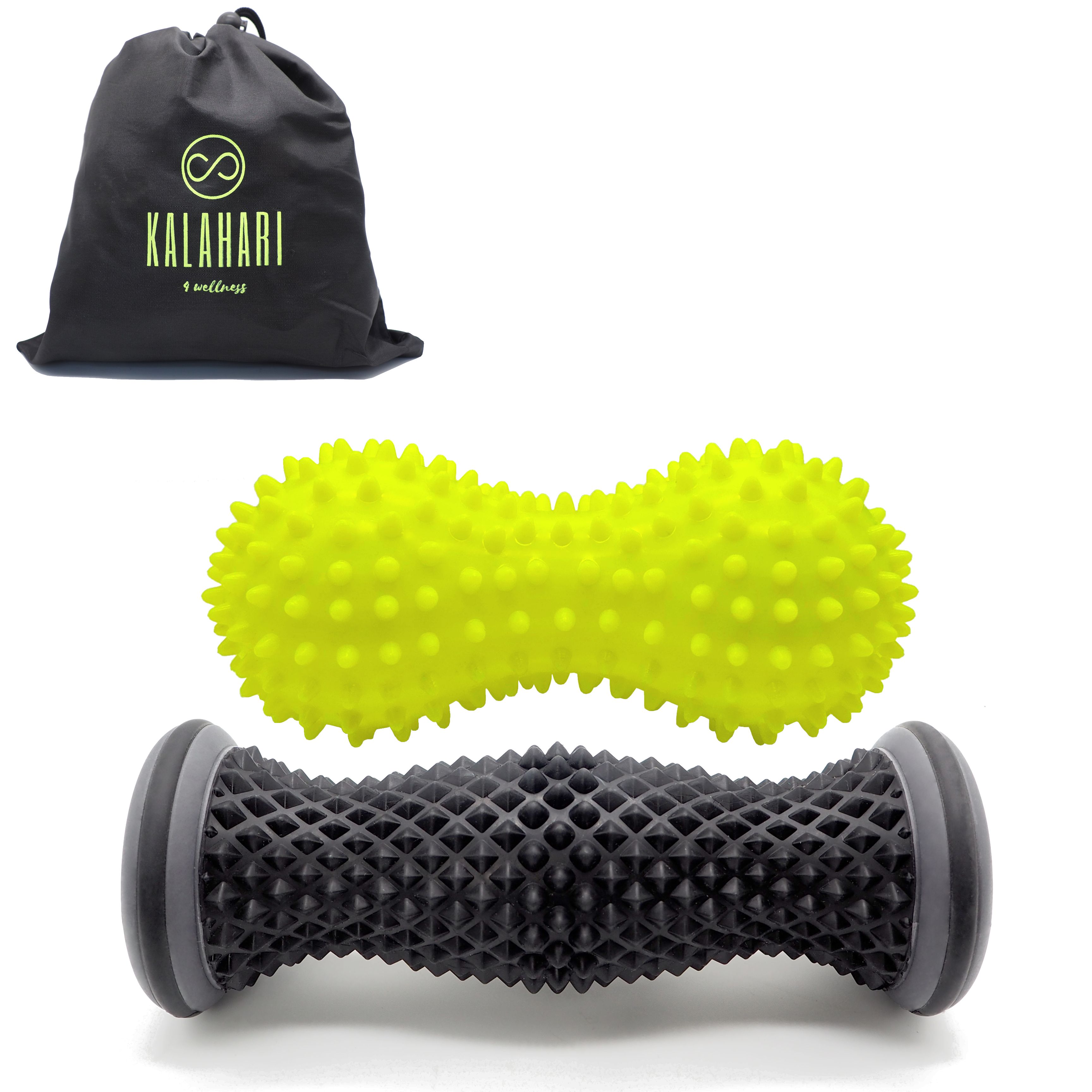 Set de massage des pieds : balle jaune en forme d'arachide et rouleau noir avec sac noir.
