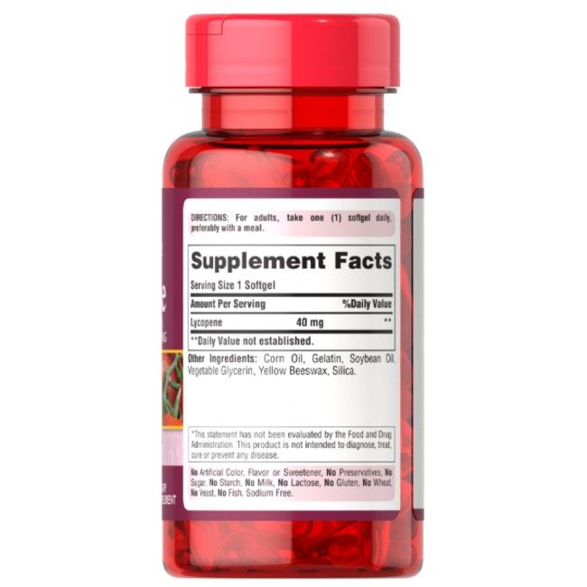 Flacon transparent de gélules rouges. Inscription : Lycopène 40 mg. Informations nutritionnelles visibles.