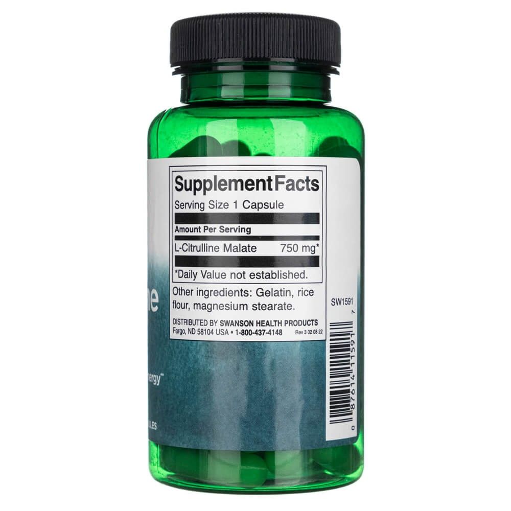 Achterkant van een groene fles met Supplement Facts: L-Citrulline Malaat 750 mg, 60 capsules.