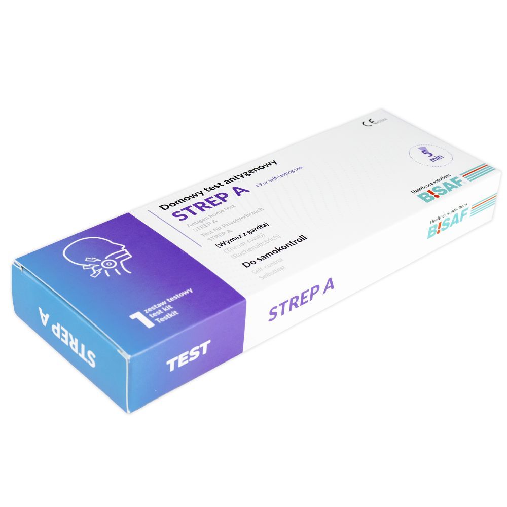 Schuine weergave van de testverpakking. Opschrift: STREP A, BISAF, CE-markering. Voor zelftest. Blauwe en witte kleurstelling.