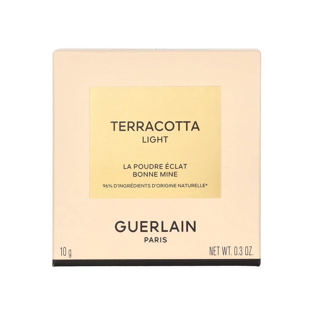 Emballage de poudre compacte. Boîte beige avec informations produit. Texte: Terracotta Light, Guerlain Paris.