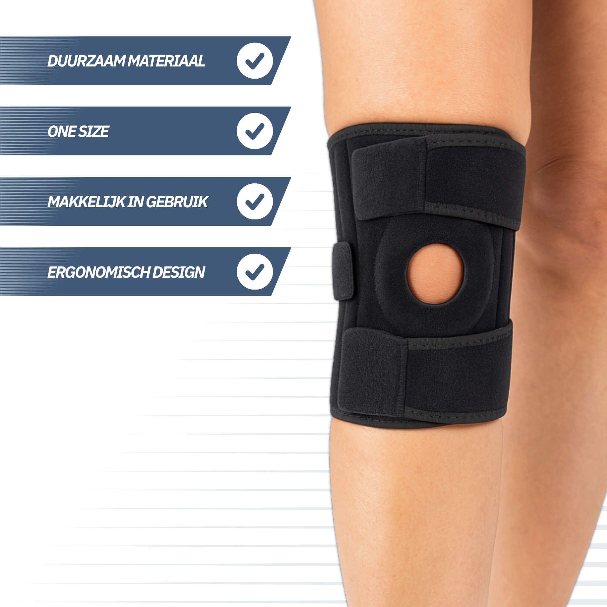 Zwarte kniebrace met patella-uitsparing, verstelbare klittenbanden en ergonomisch ontwerp.
