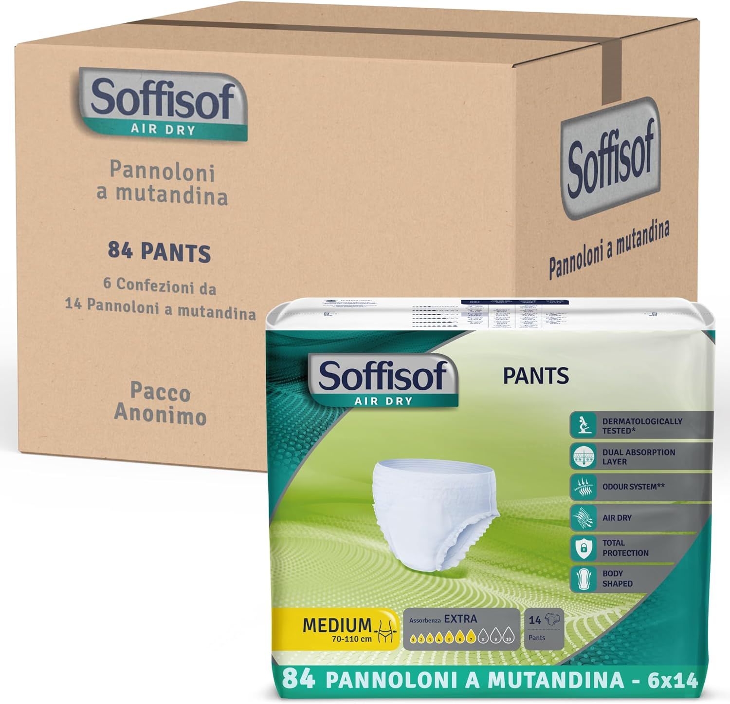 Doos en verpakking Soffisof Pants. 84 Pants. Verpakking van 6 x 14 Pants. Productnaam en logo op de verpakking.