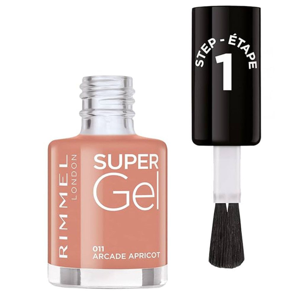 Flacon de vernis à ongles ouvert. Inscription "Rimmel London Super Gel". Teinte "011 Arcade Apricot".