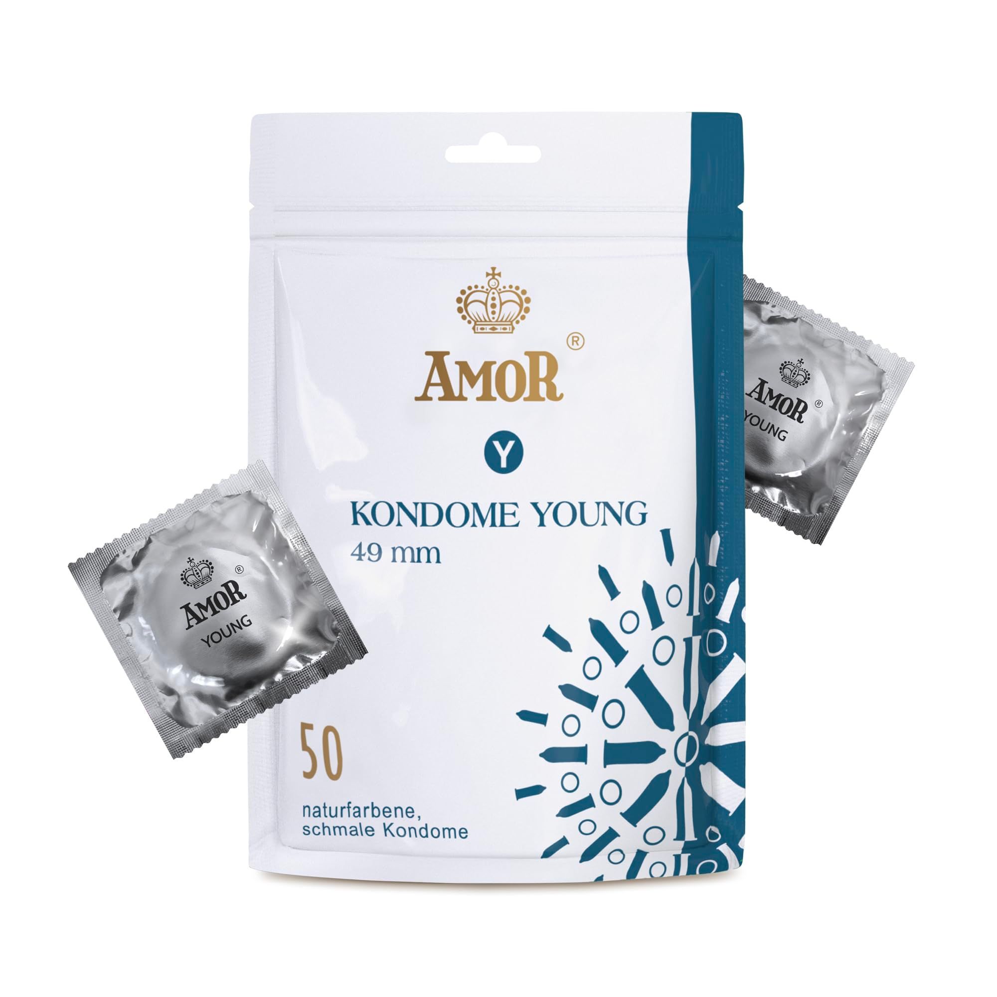 AMOR Kondome YOUNG 49mm, 50 pièces, naturel, fin. Présenté sur un piédestal doré.