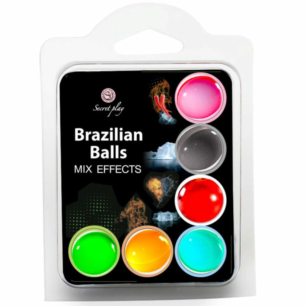 Set van 6 gekleurde Braziliaanse ballen in blisterverpakking. Kleuren: roze, grijs, rood, groen, geel, turquoise.