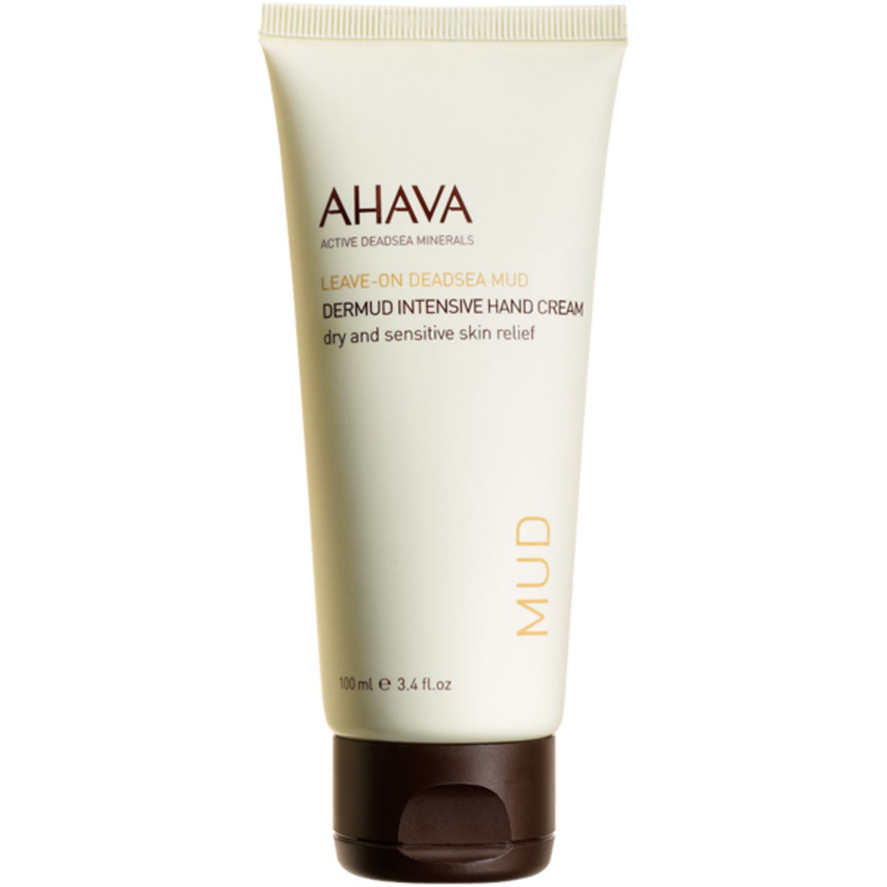 Tube de Crème pour les Mains Intensive AHAVA Dermud. Bouchon marron foncé. Texte : LEAVE-ON DEADSEA MUD.