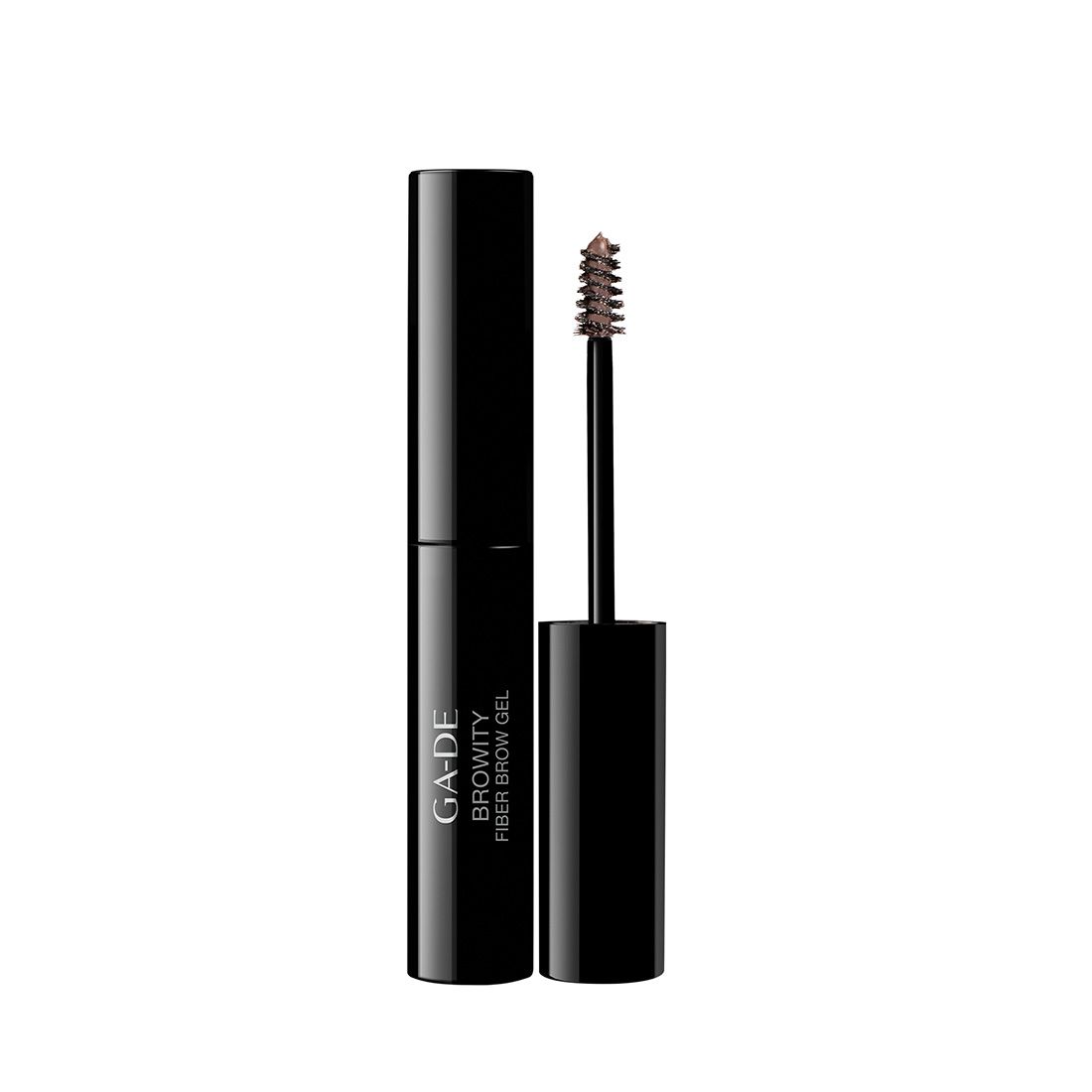 Zwarte tube met bruine borstel. Opschrift: GA-DE BROWITY FIBER BROW GEL.