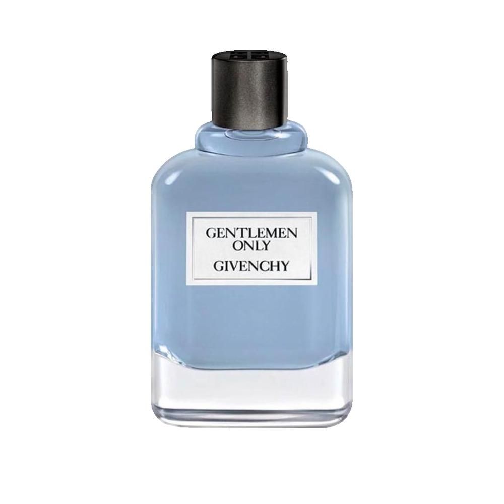 Parfumfles met zwarte dop. Label met "GENTLEMEN ONLY GIVENCHY".