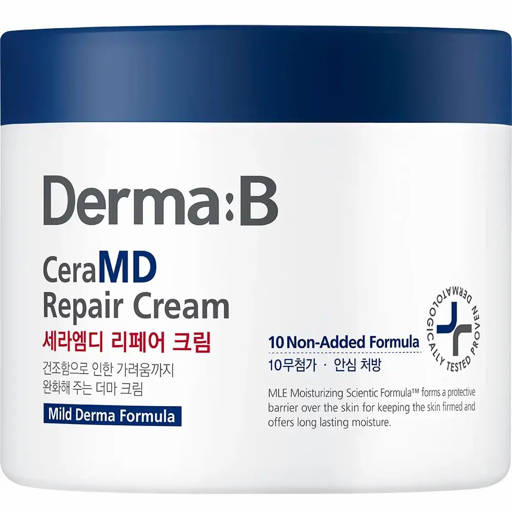 Witte pot met blauw deksel. Opschrift: Derma:B CeraMD Repair Cream. Tekst in het Koreaans en Engels. Dermatologisch getest.