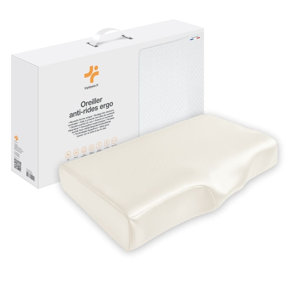 Beige ergonomisch kussen met zijden hoes. Verpakking met handvat. Tekst: Oreiller anti-rides ergo.