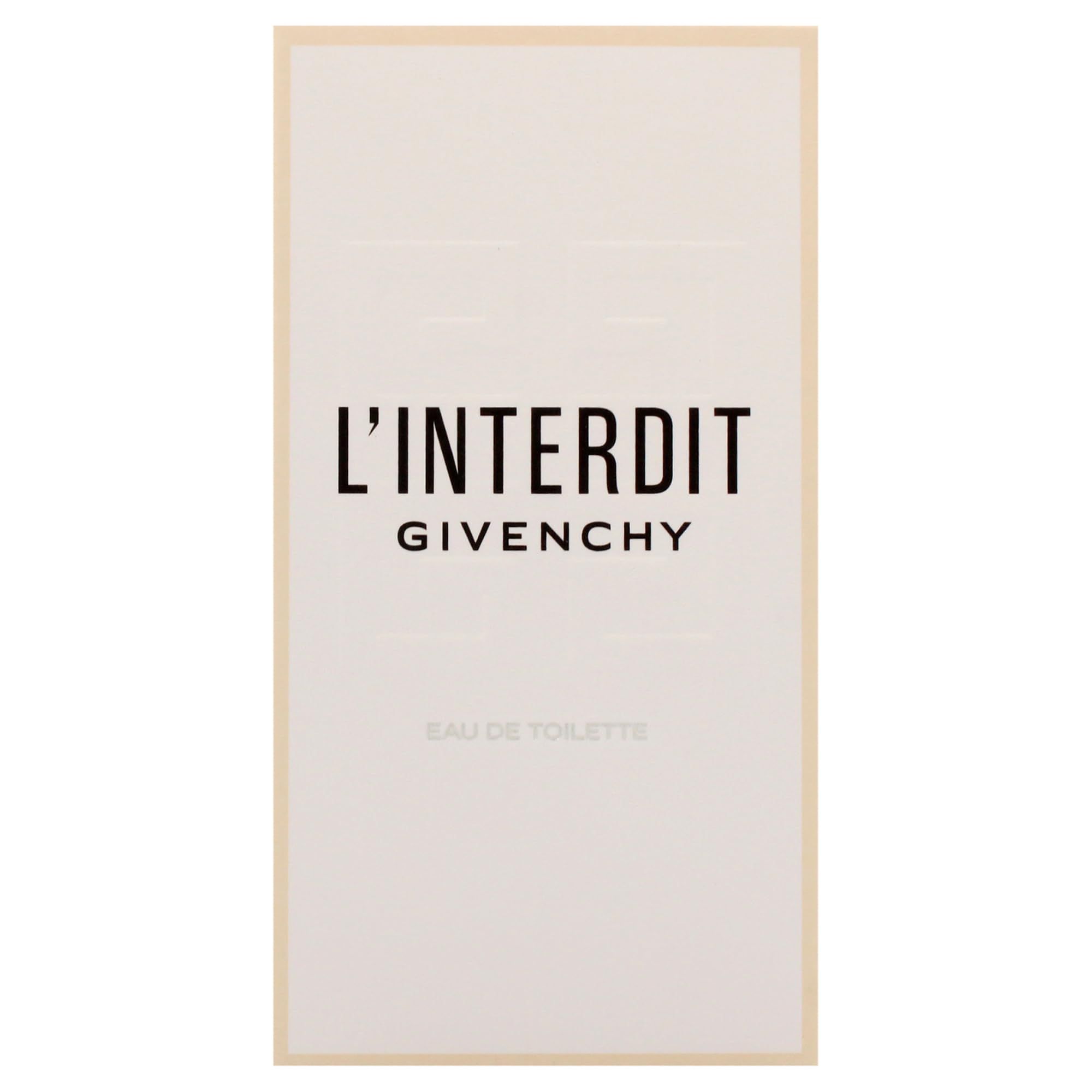 Emballage Givenchy L'Interdit Eau de Toilette. Blanc avec inscription noire L'Interdit et Givenchy. Eau de Toilette.