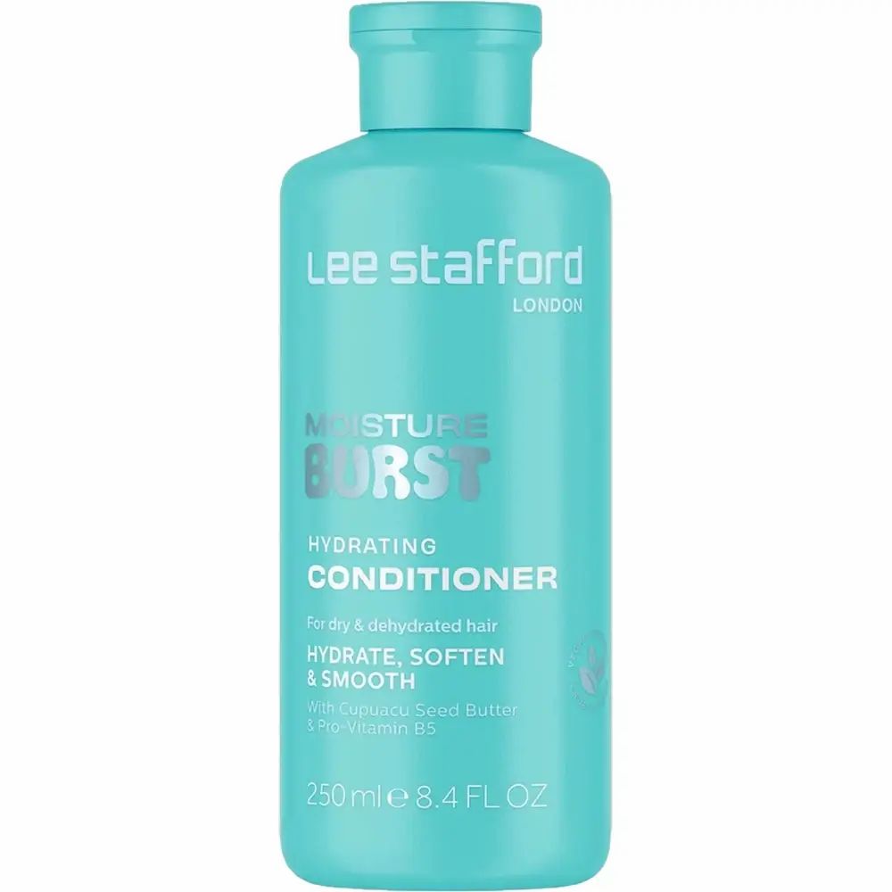 Turquoise fles met witte tekst. Opschrift: Moisture Burst Hydrating Conditioner. 250ml.