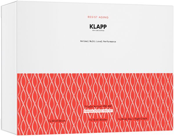 Boîte blanche avec motif rouge. Texte : "RESIST AGING", "KLAPP", "Retinol Multi Level Performance". Contient sérum, booster, crème jour et nuit.
