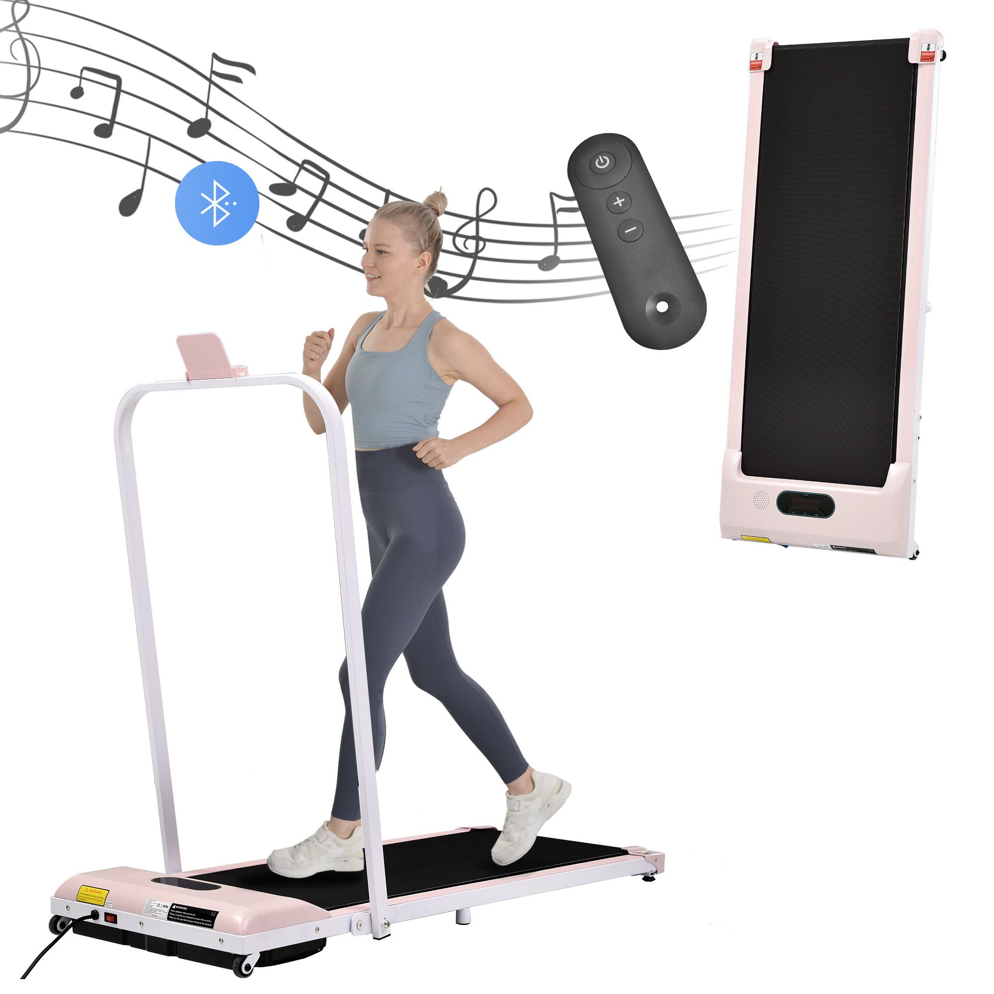 Roze loopband met afstandsbediening en Bluetooth-luidspreker. Vrouw aan het hardlopen. Muzieknoten en Bluetooth-symbool.