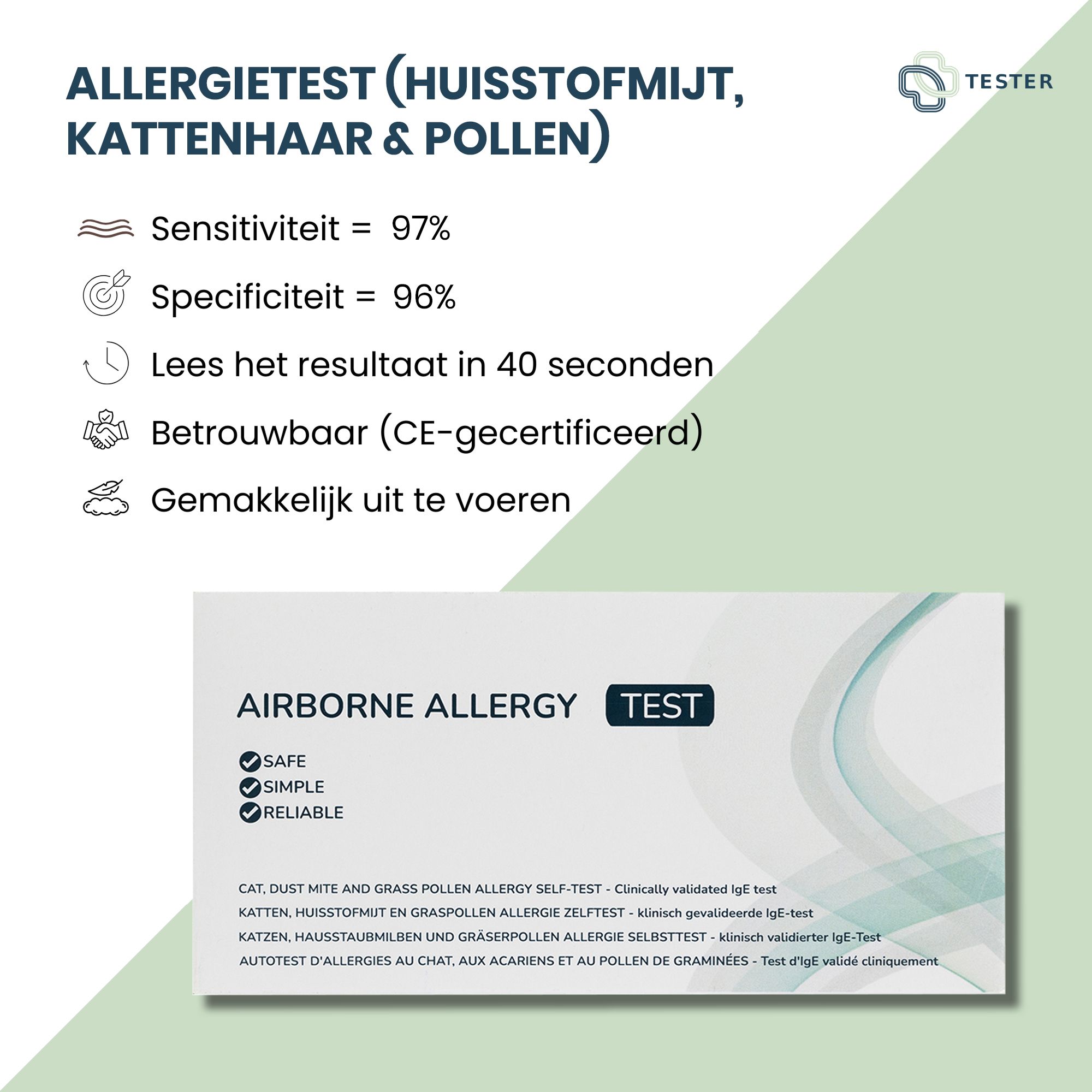 Infographie avec résultats de test. Test allergie pour acariens, poils de chat et pollen. Sensibilité 97%, spécificité 96%.