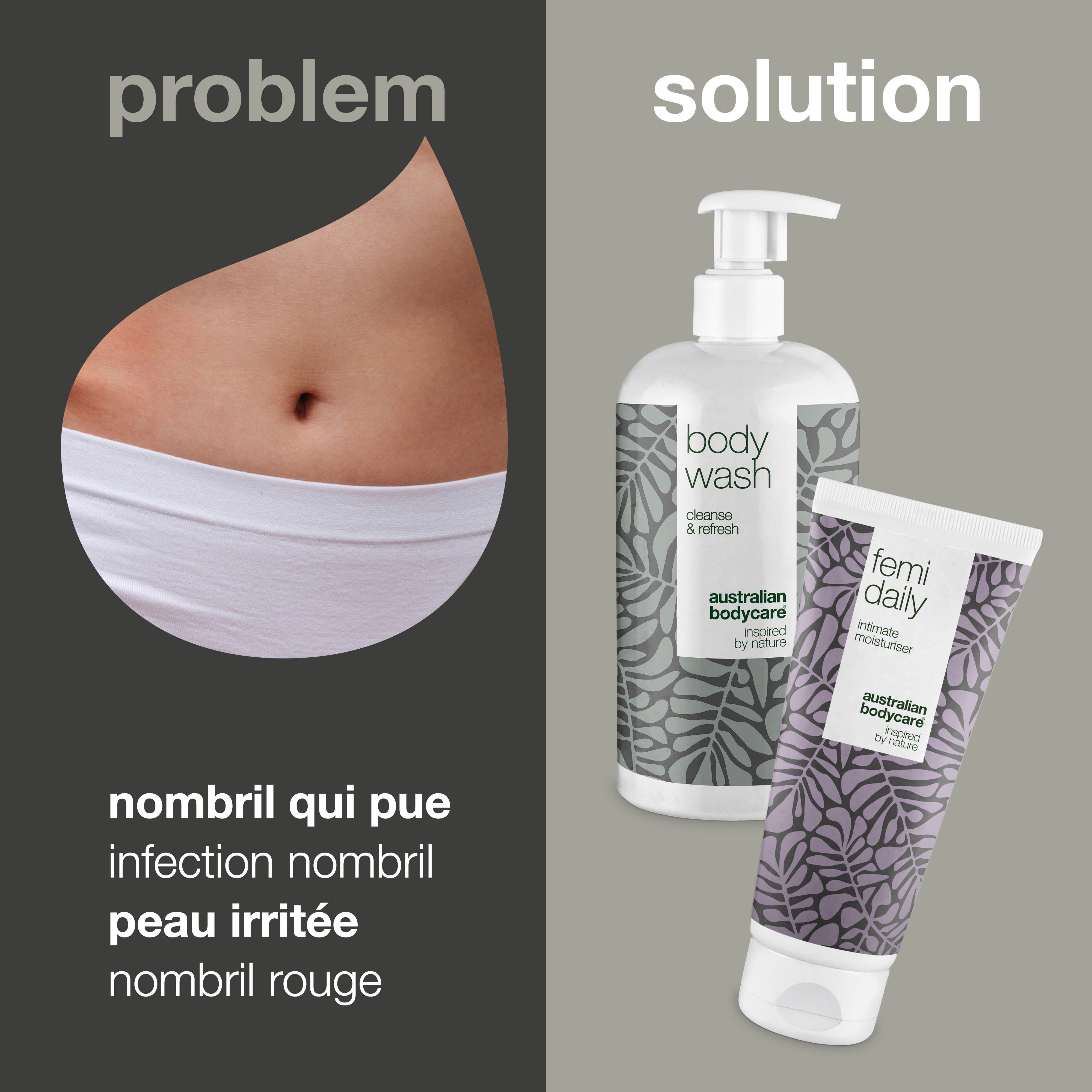 L'image est divisée en problème et solution. Gauche : nombril. Droite : gel douche et hydratant intime.