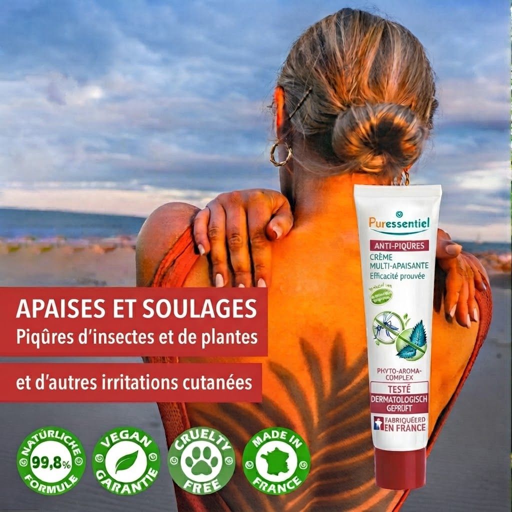 Tube de crème Puressentiel Anti-Piqures, formule testée dermatologiquement, fabriquée en France.