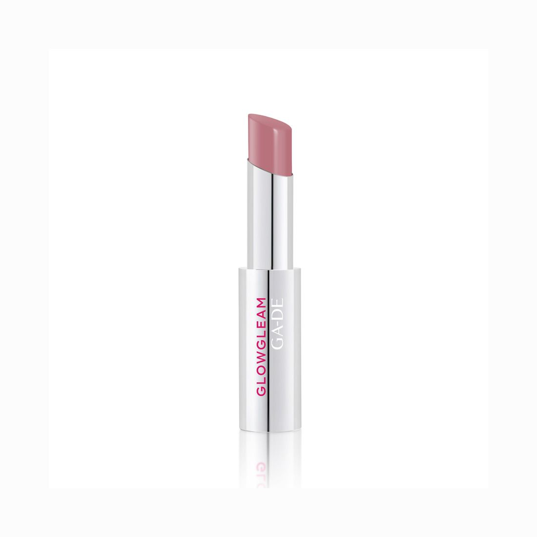 Open lippenstift met zilveren huls en roze lippenstiftkleur. Roze belettering 'GLOWGLEAM GA-DE'.