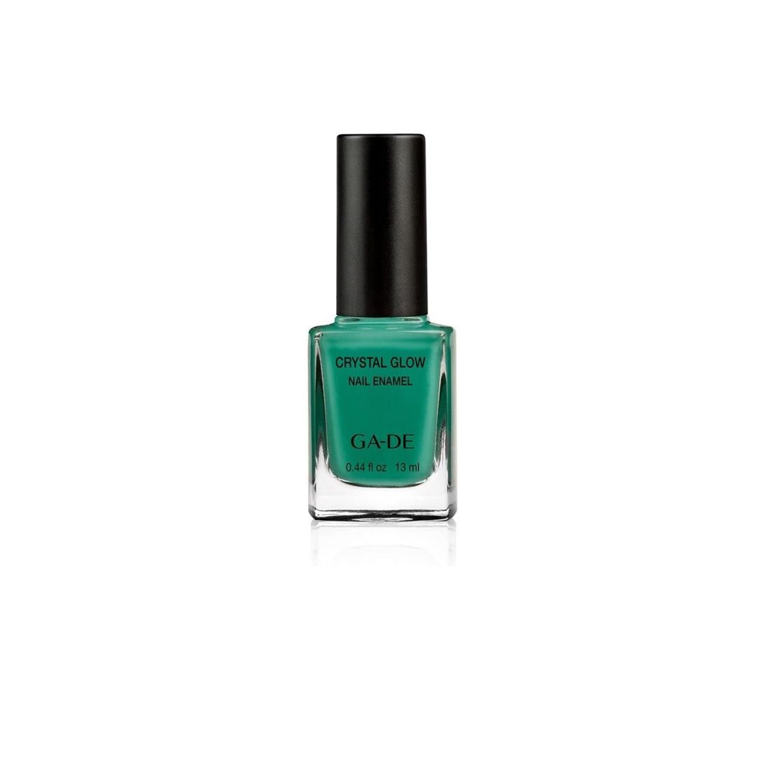 Vernis à ongles vert dans un flacon carré en verre avec un bouchon noir. Inscription : Crystal Glow Nail Enamel, GA-DE.