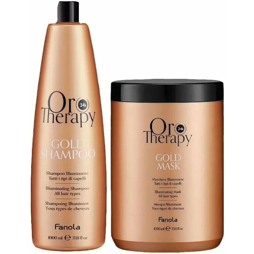 Fanola Oro Therapy Gold Shampoo (1000 ml) en Gold Mask (1000 ml) in gouden verpakkingen.