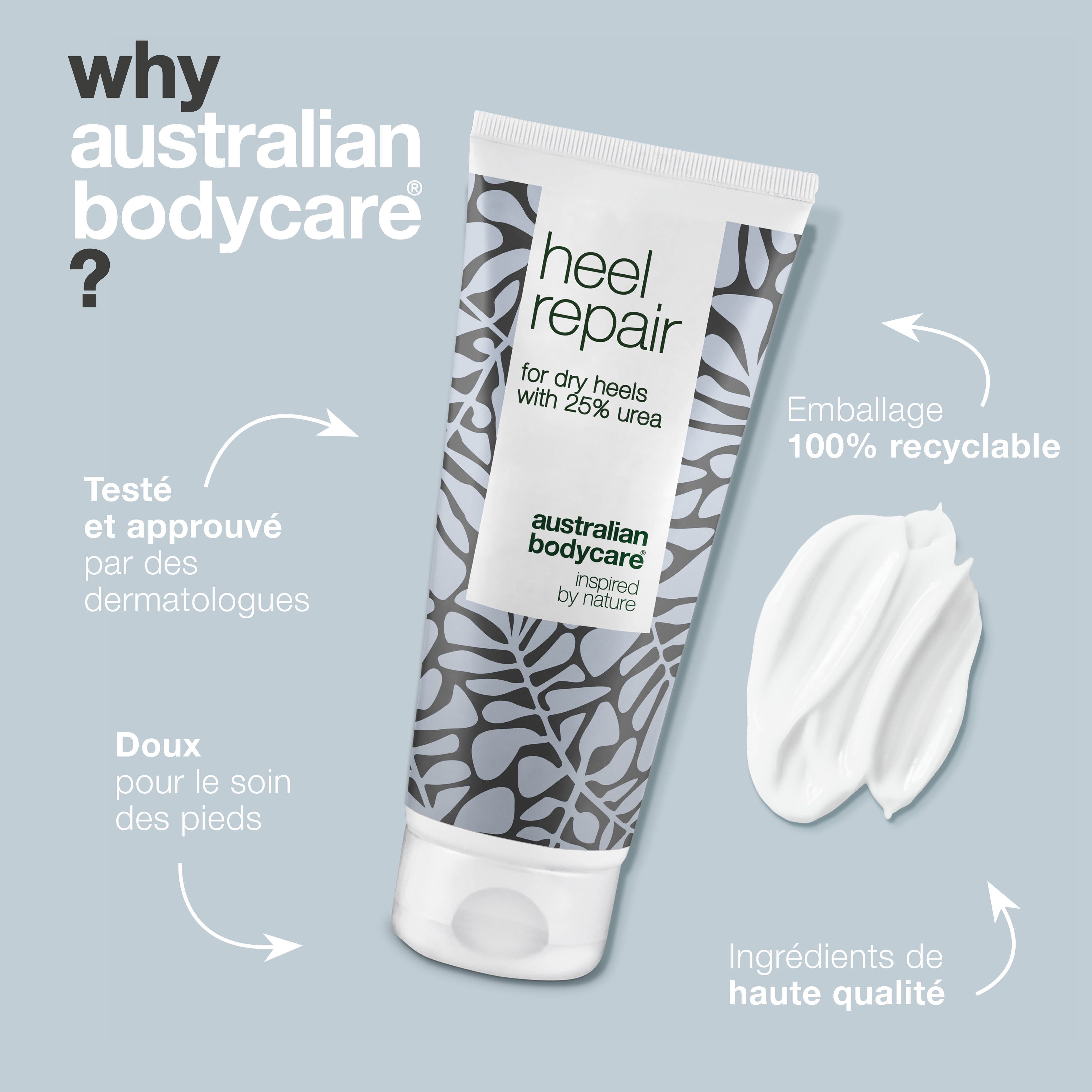 Tube Heel Repair, Australian Bodycare. Texte : Emballage 100% recyclable. Crème.