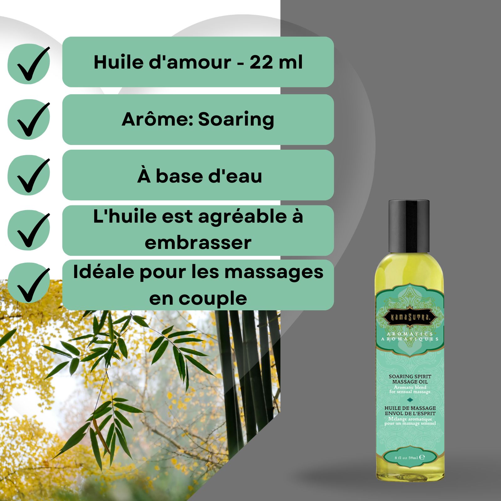 Huile de massage Kamasutra Aroma Soaring. Bouteille à côté d'une infographie avec texte. Fond avec bambou et feuilles.