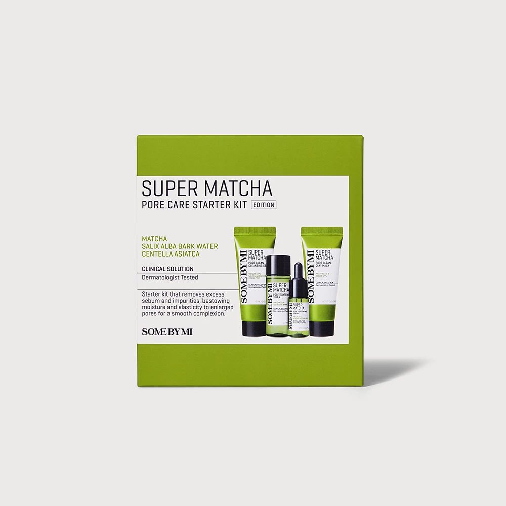 Groene doos met huidverzorgingsproducten. Bevat gel, toner, serum en masker. Productnamen zichtbaar.