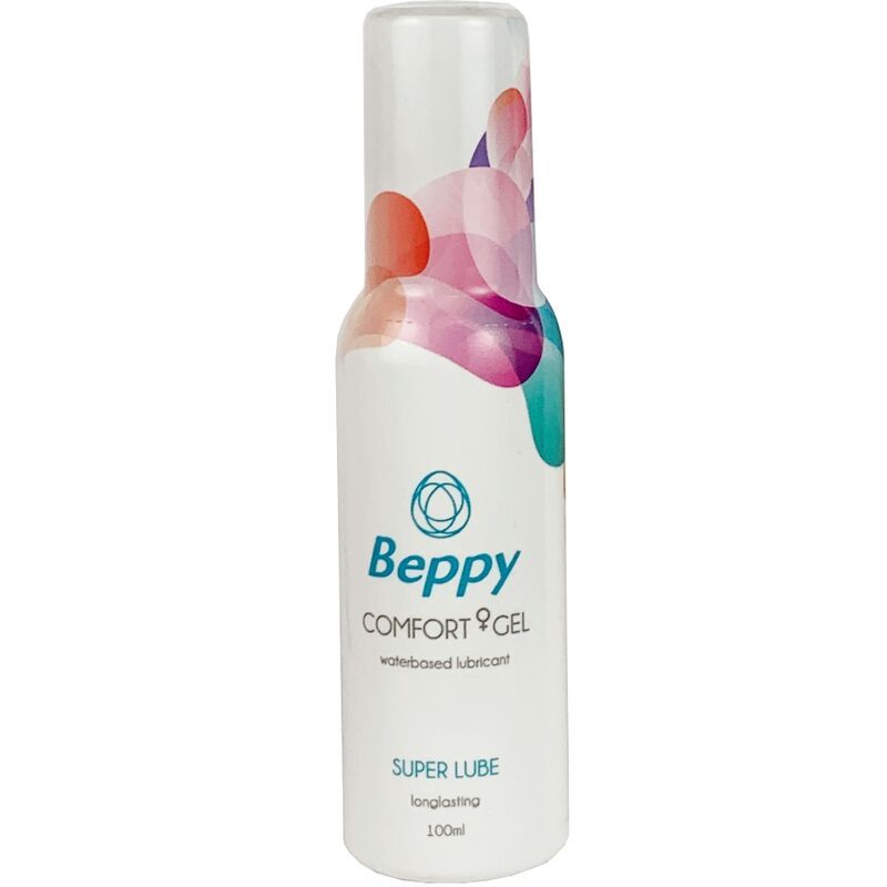 Flacon blanc de Beppy Comfort Gel. Inscription: SUPER LUBE, 100ml. Lubrifiant à base d'eau. Graphique abstrait coloré.