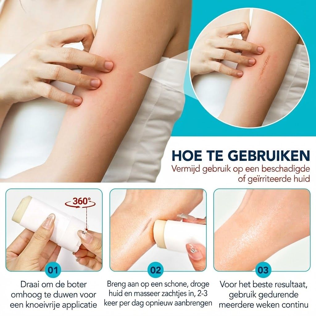 Een persoon brengt een zalf aan op de arm, met close-ups die de applicatie en het resultaat tonen.