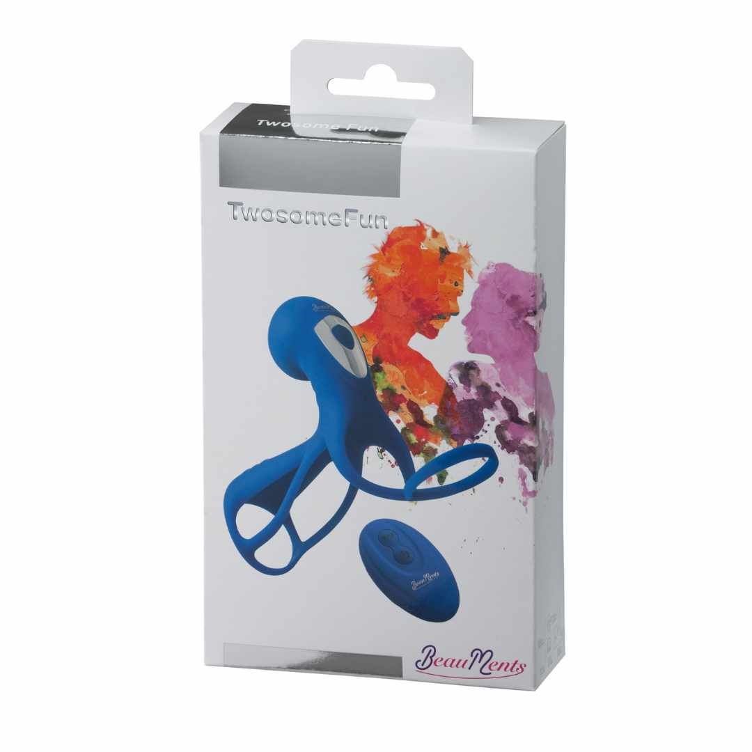 Emballage pour BeauMents Twosome Fun bleu. Image du produit et logo. Boîte blanche avec crochet.