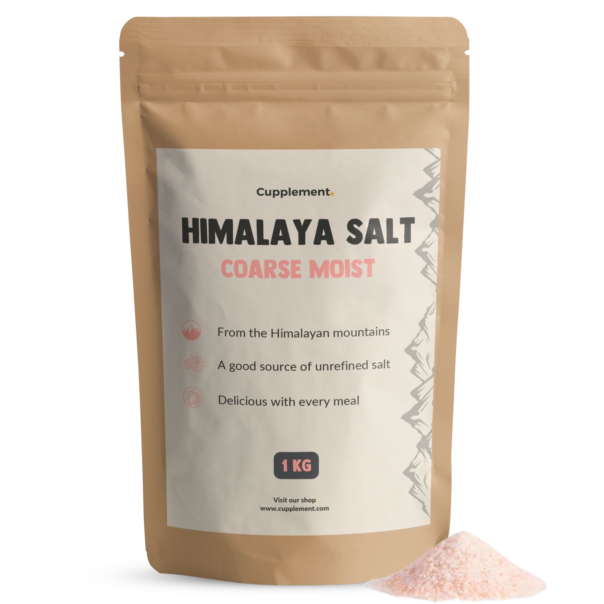 Sachet avec texte "Sel de l'Himalaya". Texte : "Gros humide". Sel rose à côté. Poids : 1 KG. Marque : Cupplement.