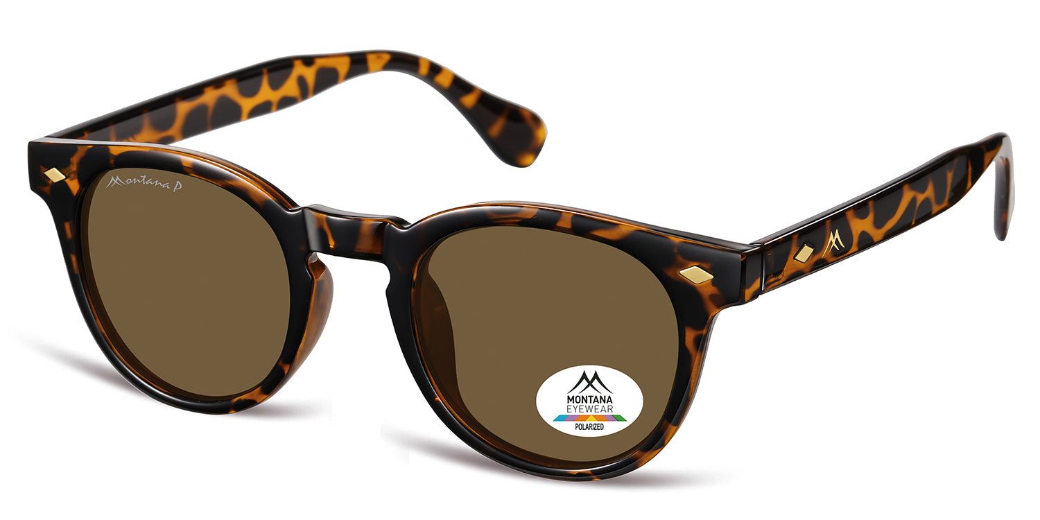 Lunettes de soleil marron et motif écaille de tortue. Logo et autocollant "Polarized" sur le verre. Marque : Montana Eyewear.