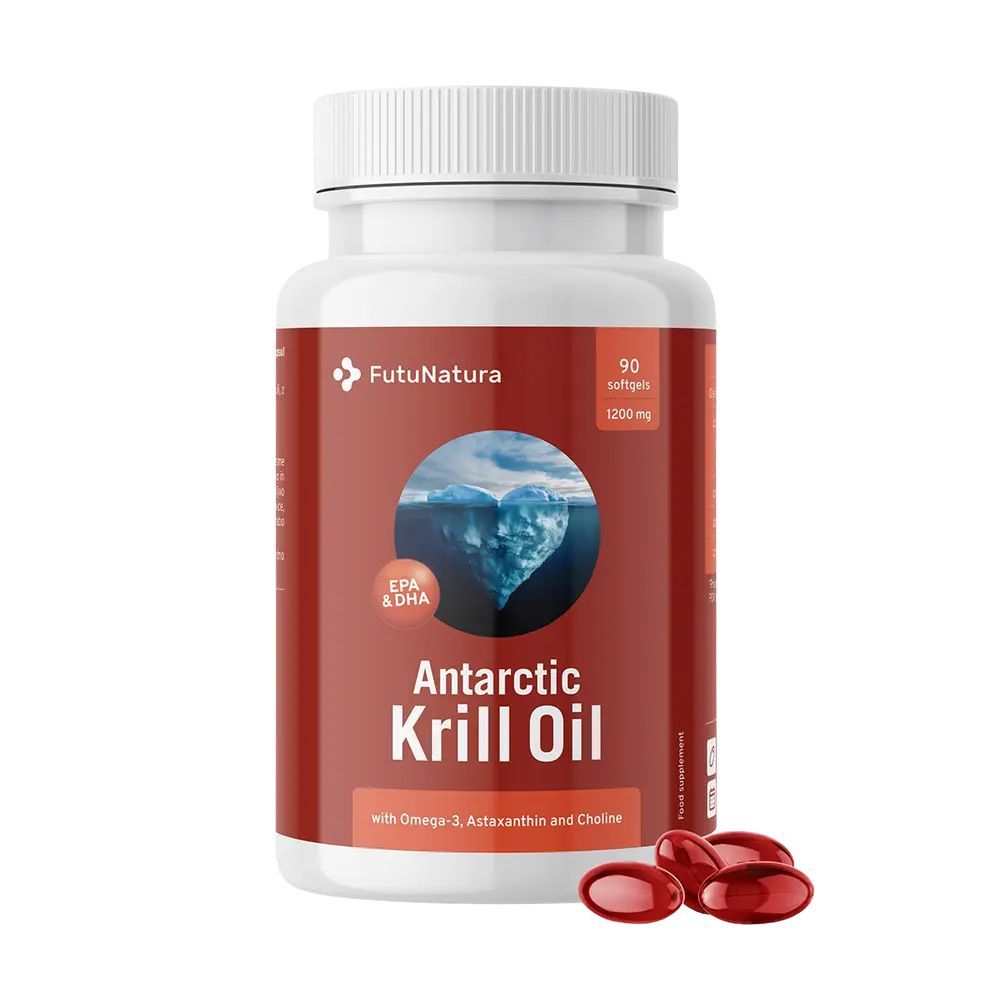Witte fles met capsules. Opschrift: Antarctic Krill Oil, 90 softgels, 1200 mg. Rode capsules ernaast.